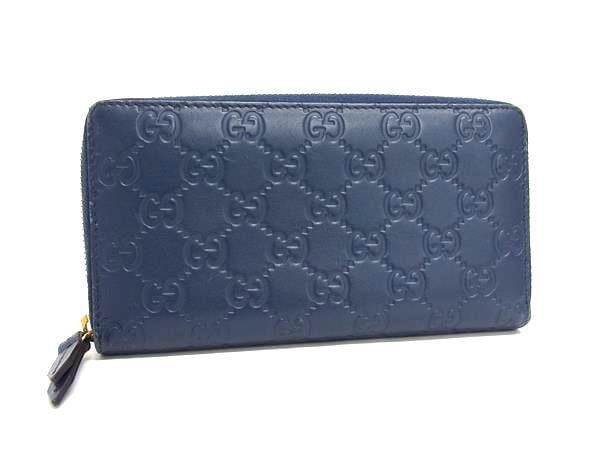 財布 グッチシマ ラウンドファスナー 長財布 410102 ネイビー系 レザー ユニセックス ゴールド金具【本物保証】