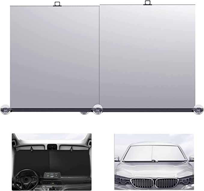 「今年も登場」車用 サンシェード 車 フロント日除け 遮阳 車載 遮光シェード ガラスサンシェード ロール式 ２点セット 遮光 遮熱 車内温度下げ UVカット自動伸縮 収納簡単 高さと広さ調整可能 多