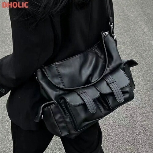 [メガ割りSALE]2WAYマルチポケットブラックエコレザーバッグ