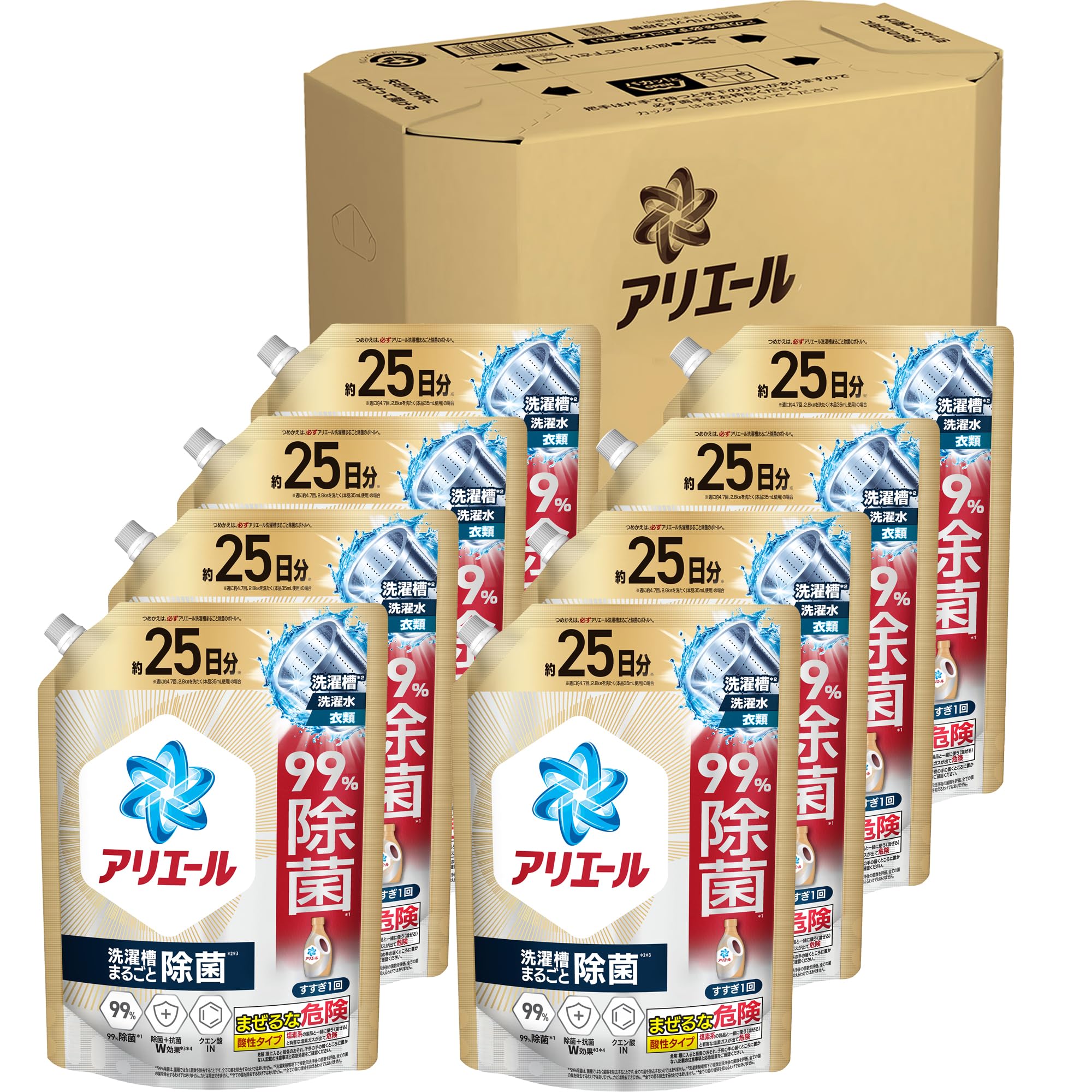 アリエール 洗濯洗剤 液体 超抗菌プレミアム 洗濯槽まるごと除菌 スッキリひかえめな香り 詰め替え 625gｘ8袋 [ケース品]