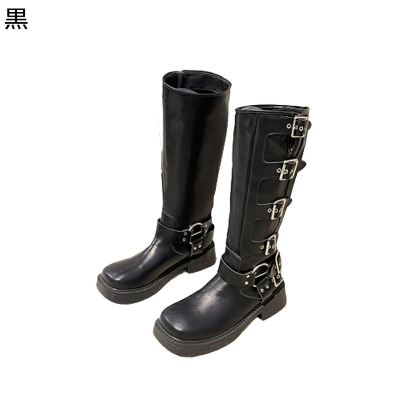 レディース 本革 レザー ジョッキーブーツ ウェスタンブーツ ベルト モンクストラップ 金属 メタリック ロング丈 ミドルヒール スクエアトゥ スクエアヒール レトロ 秋冬 日常 会社