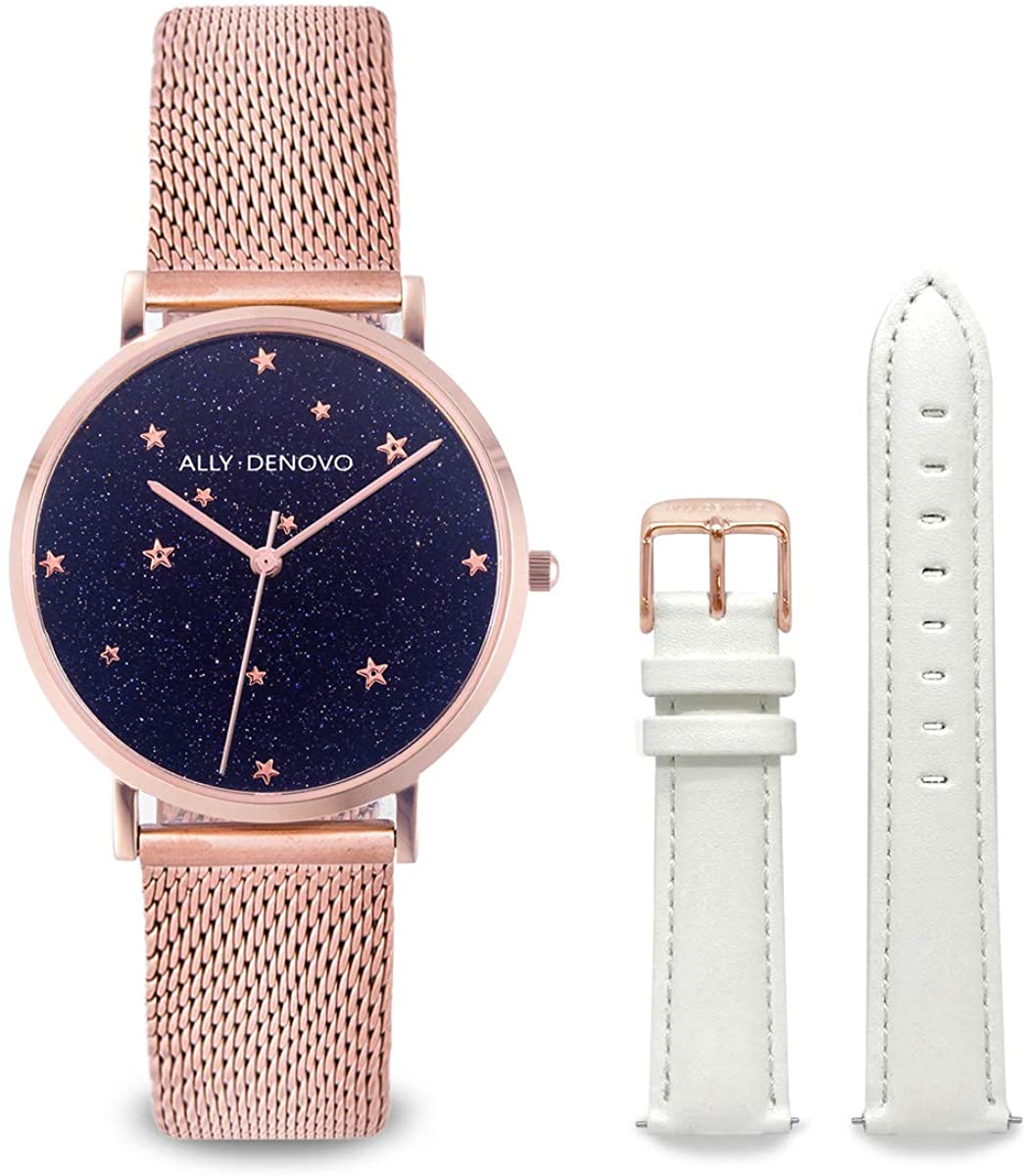 【ALLY DENOVO】Starry Night BeltSet 36mm ローズゴールド/ホワイト 腕時計 星空 レザーベルト付き レディース AF5017-2