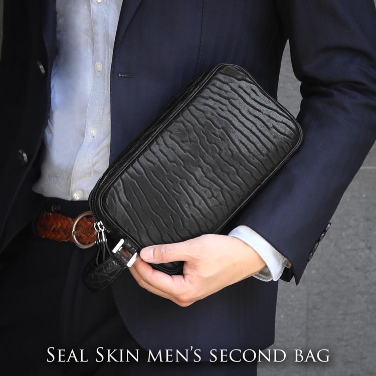 セカンドバッグ ダブルファスナー メンズ アザラシ 本革 シールスキン シールレザー ビジネスバッグ ブラック メンズバッグ アザラシバッグ ダブルファスナーバッグ ギフト プレゼント 4FA (06