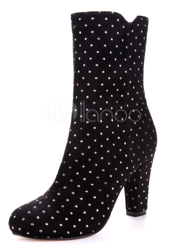 ブラックラインストーンシックなマイクロスエードレディース分厚いブーツ