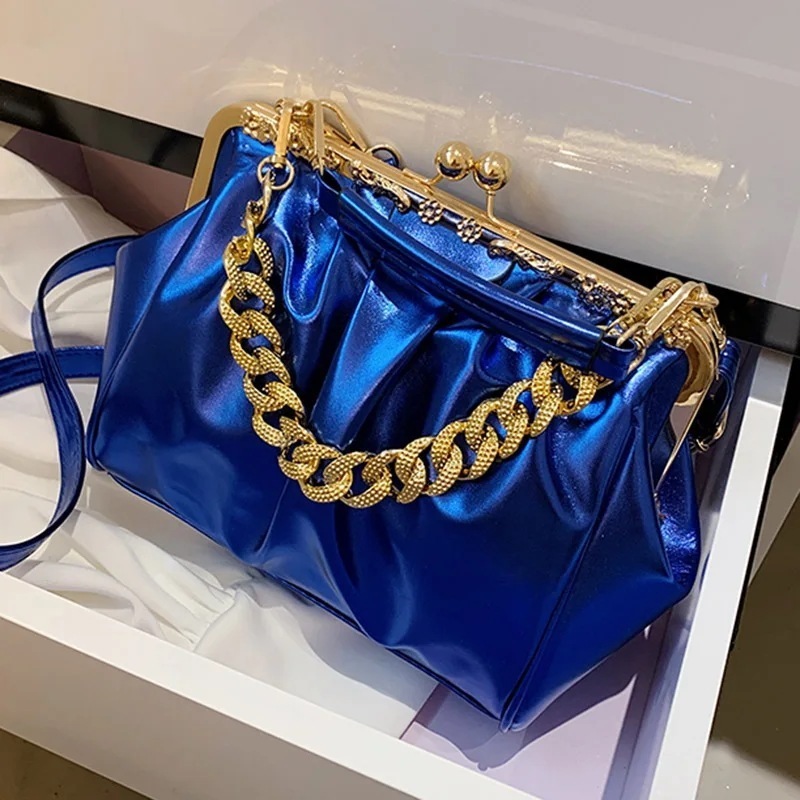 女性用PUレザーハンドバッグとショルダーバッグ kissロックシェル付き シルバー ブルー グリーン ブランド トートバッグ