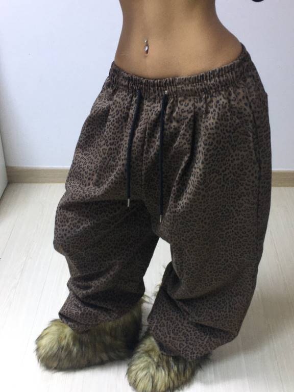 [完璧なワイドフィット保障] y2k レオパードデニム ワイド バルーン 男女共用 ストリートパンツ