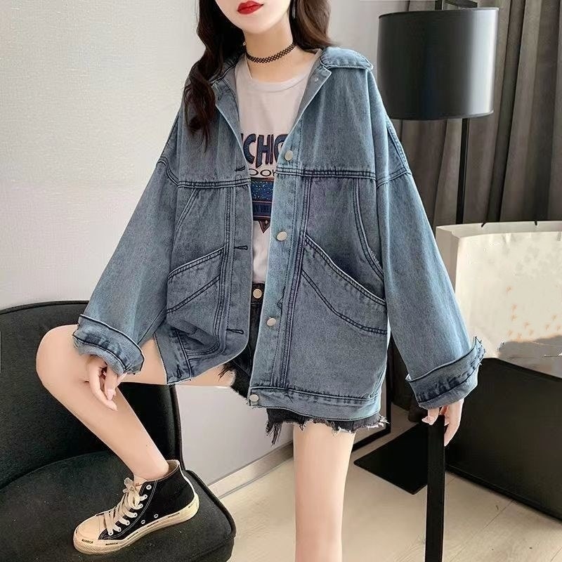 コーデに役立つ！デニムジャケットデニムジャケットデニムアウターノーカラーコートレディースフィットゆったりアウターレトロ韓国ファッション