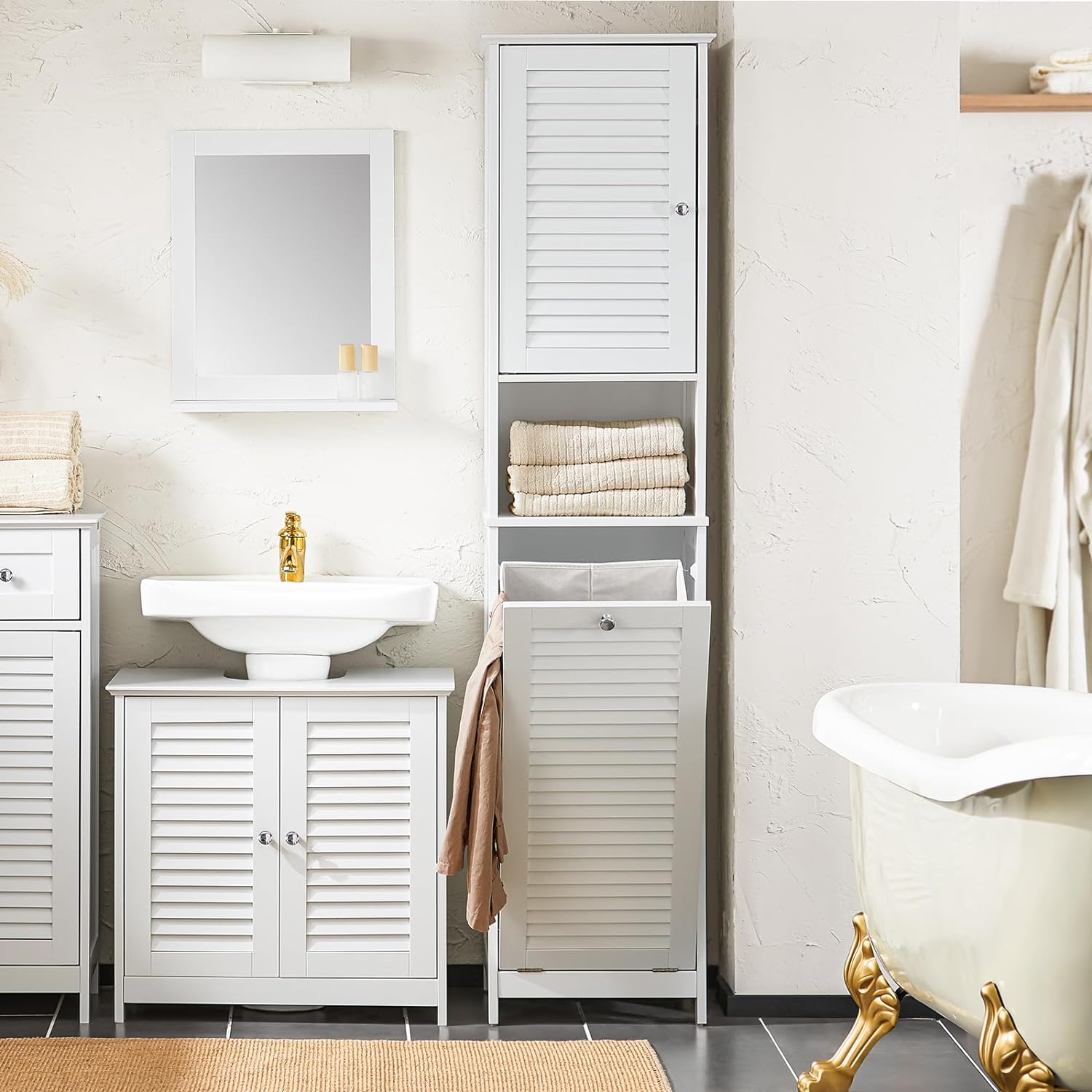 隙間収納 ランドリーラック スリム おしゃれ 幅38奥行40高さ170 可動棚 洗濯カゴ付き ランドリー収納 洗面所用キャビネット サニタリーラック 洗面所 収納 (BZR124-W)