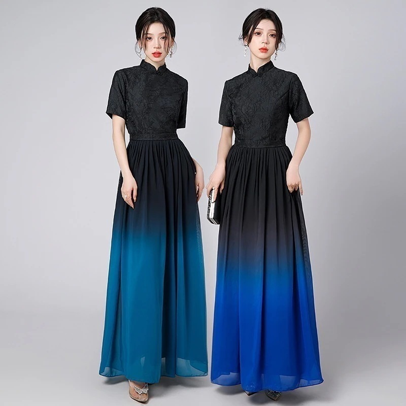 縁夢 七分袖 グラデーションカラー イブニングドレス チャイナドレス風 ロングワンピース イブパーティードレス キャバ 着痩せ 大人 同窓会 披露宴 卒業式 結婚式 演奏会 ウェディング 二次会