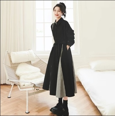 パッチワーク デザイン ワンピース シャツワンピース 膝下 袖あり 長袖 襟付き シャツカラー デザイン ボタン 美ライン ニュアンス ベルト ウエストマーク レイヤード 前開き 異素材MIX