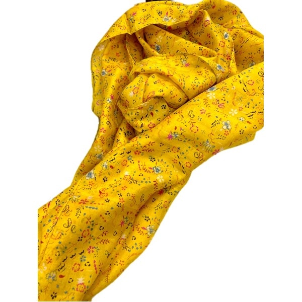 メンズ レディース 高発色生地 絹 プリントシルク100%ストール ピュアイエローxデザイン