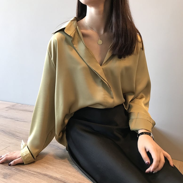 3color レディース スキッパーサテンシャツ とろみ ブラウス シャツ シフォン サテン 無地