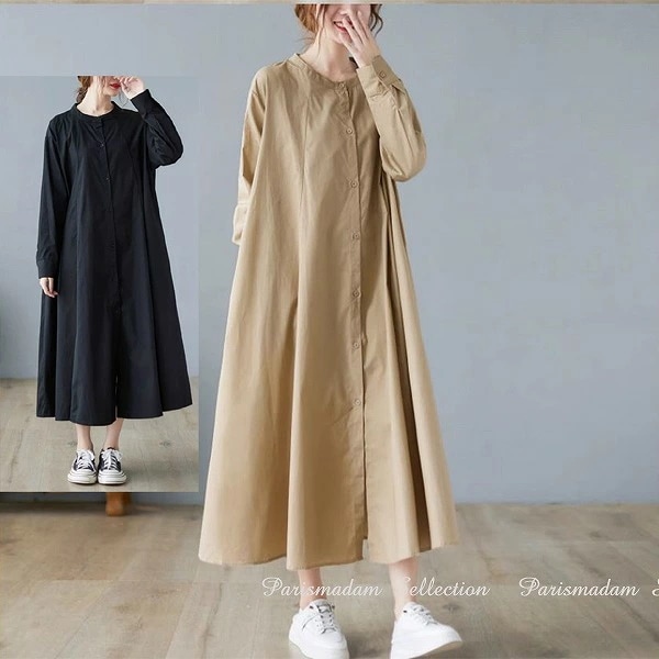 新品追加 ミモレ丈ワンピース　ロングワンピース　ゆったりサイズ　スタンドカラー　タックフレアスカート　長袖お出かけ女子会20代30代40代50代60代