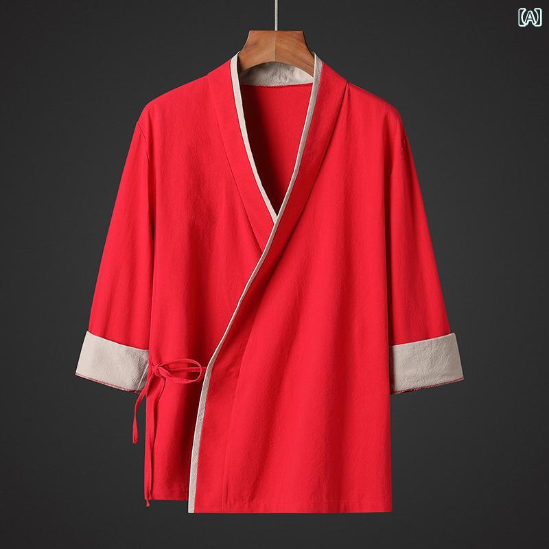 メンズ シャツ トップス 七分袖 チャイナ風 斜め襟 クロス 中華伝統的スタイル 薄手 リネン風 スタイリッシュ 軽量 快適 リラクシング シンプルデザイン モダン 優雅 赤 紺 黒 ベージュ