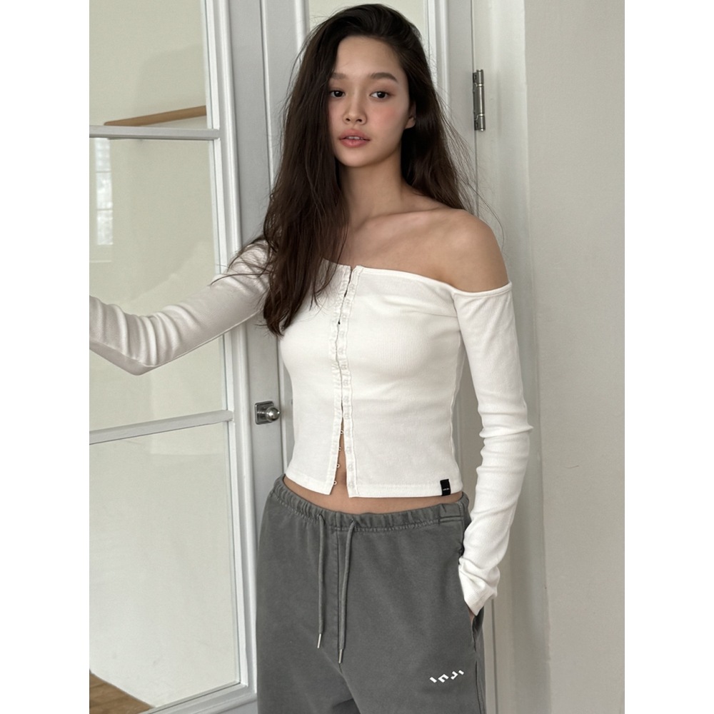 INJIACTIVE フックリブ付きロングスリーブ T シャツホワイト