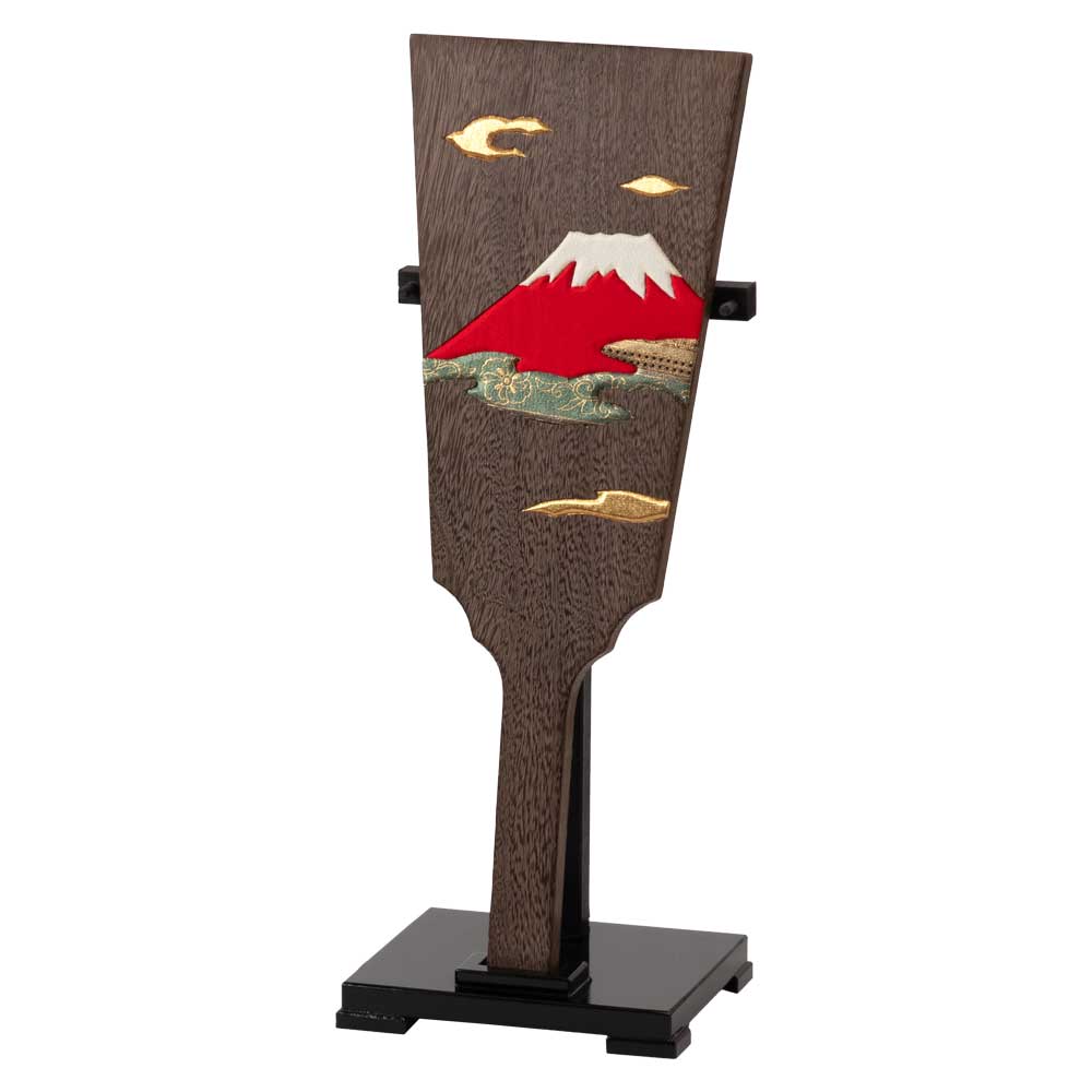 羽子板飾り・大　赤富士の木目込み細工　スタンド付き　桐製・時代仕上　箱長の桐工芸品　正月飾り