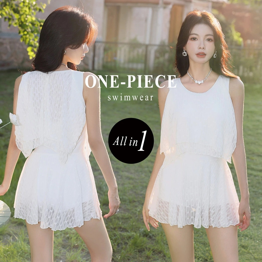 水着 レディース ワンピース水着 洋服見え オールインワン レース 総柄 シアー感 フレア 体型カバー水着 20代 30代 40代 ママ水着 背中 綺麗 ふんわり ハイウエスト デザイン 脚長効果 フ