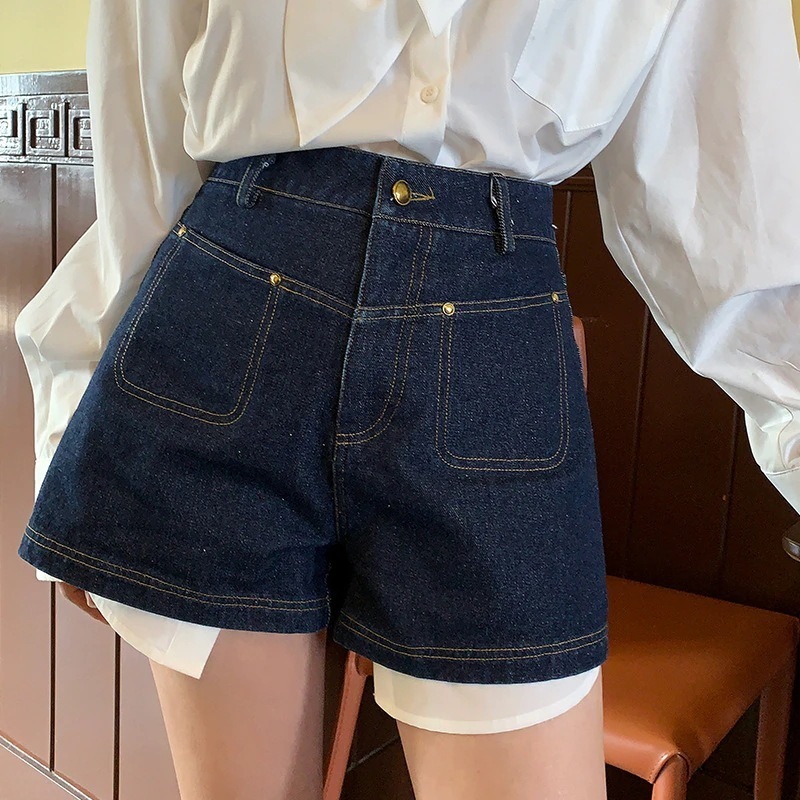 neihe ネイヘ 2024初春 レトロデニムショートパンツ レディース Aライン 風 ワイドレッグ トップステッチ ホットパンツ 250153