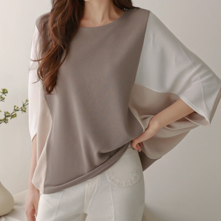 ドルマンスリーブTシャツ 配色デザイン トップス Tシャツ カットソー プルオーバー トップス ビッグT 袖あり 5分袖 五分袖 ドルマンスリーブ ラウンドネック 襟なし ポリエステル 大人可愛い