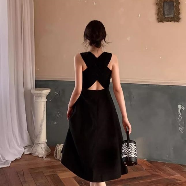 レディース ワンピース プルオーバー フレア 膝下 ミモレ 袖なし ノースリーブ クルーネック スリム Aライン 裾ワイド バックコンシャス 薄手 大人可愛い きれいめ シンプル おしゃれ こなれ感