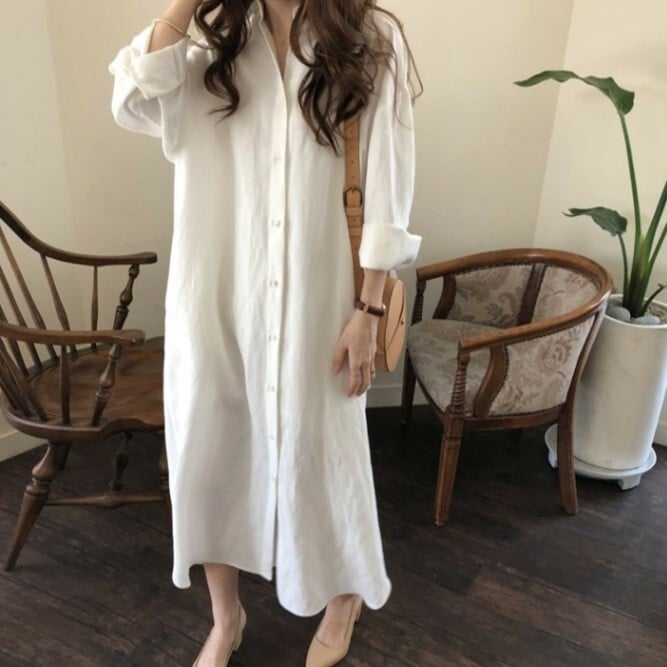 ワンピース シャツ シャツワンピース 膝下 ロング ロング丈 袖あり 長袖 Vネック 襟付き ストレート Iライン スリット サイドスリット 前開き 2way 薄手 かわいい 大人可愛い きれいめ