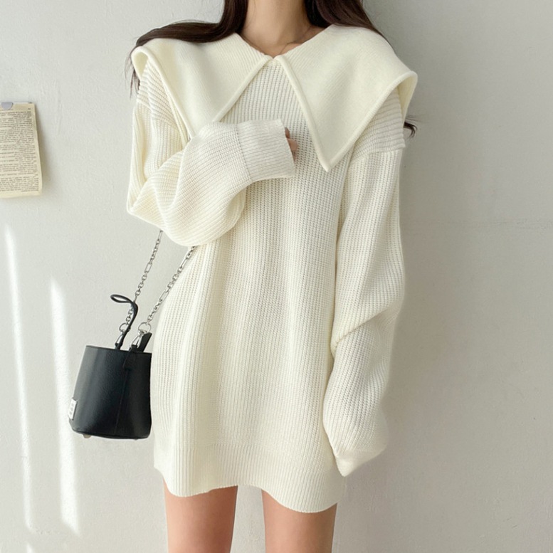 ビッグカラーニットワンピース レディース ニットワンピース ミニワンピース ニットドレス ビッグカラー 襟付き 長袖 ドロップショルダー リブニット チュニックワンピース ミニ丈 ショート丈 無地