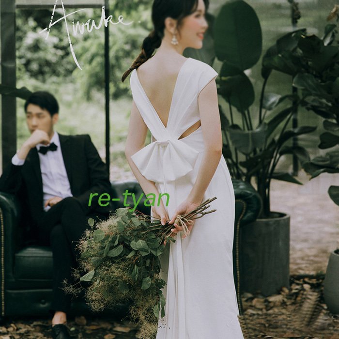 ウエディングドレス スレンダー バックリボン タイト ノースリーブ Vネック ロング 前撮り 後撮り フォトウエディング 披露宴 結婚式 二次会 花嫁 ブライダル