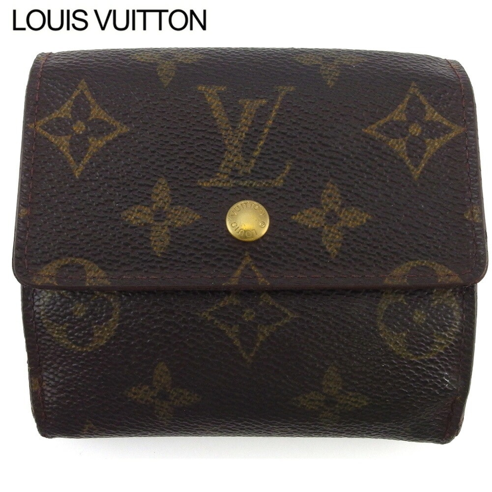 Wホック 財布 三つ折り モノグラム レディース メンズ ポルトモネビエカルトクレディ ブラウン ベージュ ゴールド 中古