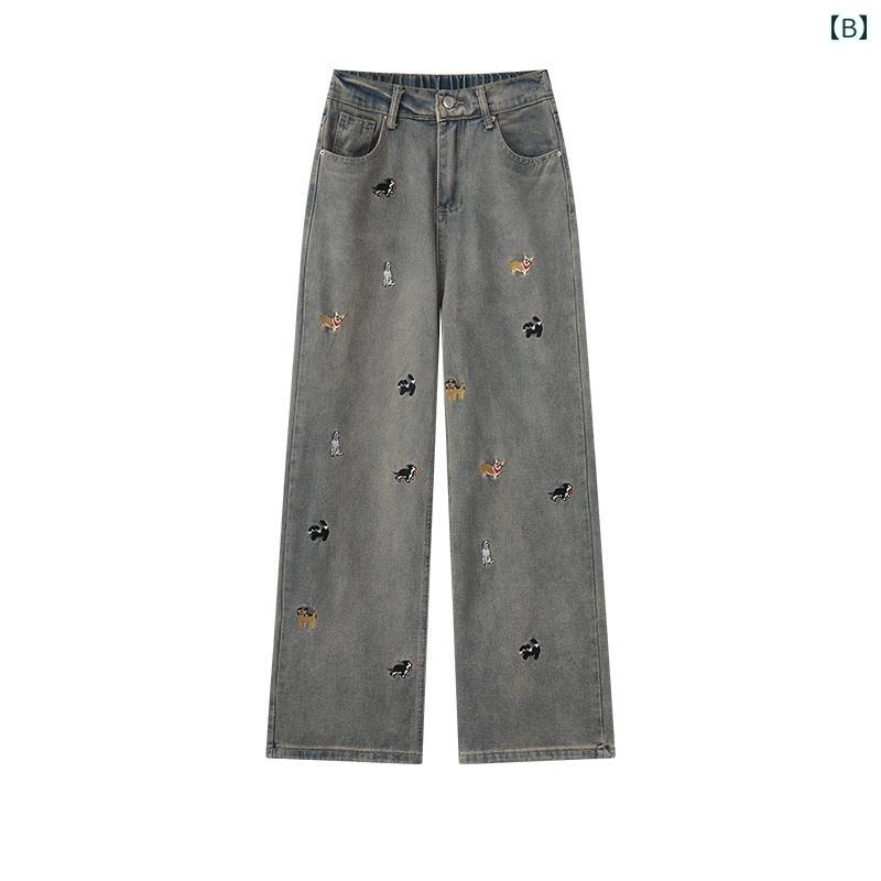 デニム パンツ ボトムス レディース 春秋 刺繍 ワイドパンツ ジーンズ ハイウエスト 伸縮性 スリムフィット ストレート 青 犬 5,410円