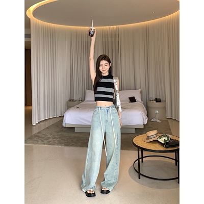 巾着デニムのワイドパンツ女性の春のゆったりとしたカジュアル見えやせレトロなスラックスです