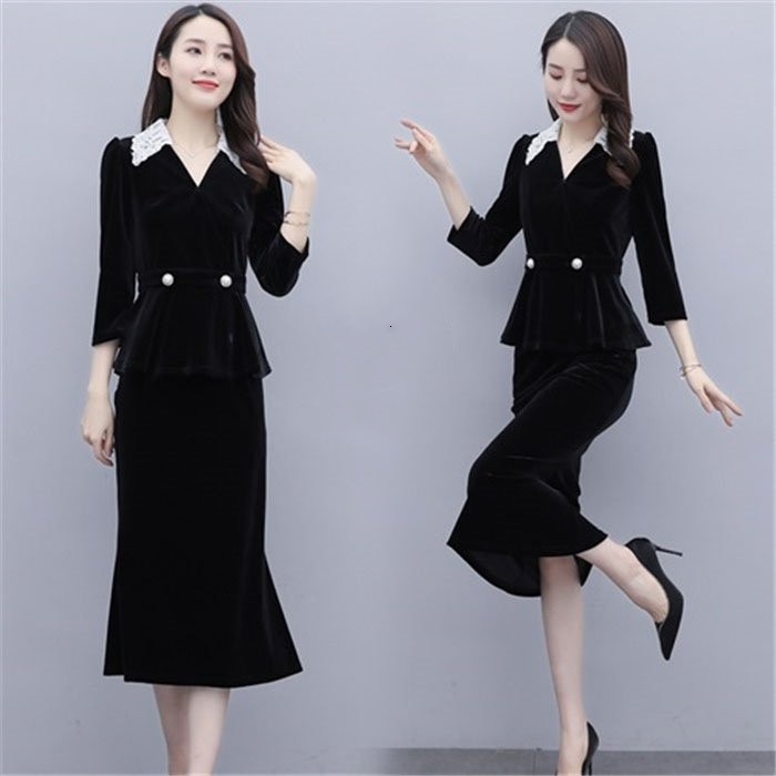 セットアップ レディース Vネッ ク レース付き ブラウス エレガント 九分袖 ロング スカート ベ