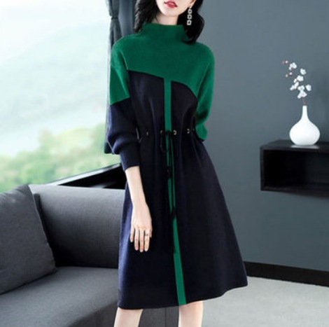 切替えカラーニットワンピース 膝丈 袖あり ニット 爽やか 大人スタイル 大人可愛い きれいめ シンプル カジュアル 大人 上品 おしゃれ かっこいい レトロ アジアン 大人可愛い 大人女子