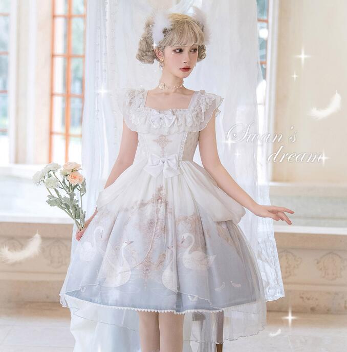 ロリータワンピース 膝丈 ノースリーブ ロリータ服 プリンセスドレス 可愛い スカラップ lolita ドレス 白鳥柄 萌え萌え チュールワンピース コスプレ 学園祭 文化祭 イベント ハロウィン 発