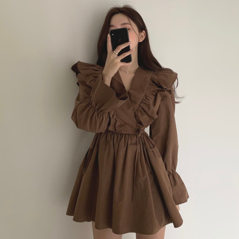 ネックワンピース ワンピース フレアワンピース ワンピドレス ミニ ミニ丈 袖あり 長袖 Vネック フレア フリル リボン ハイウエスト かわいい 大人可愛い きれいめ シンプル カジュアル 大人