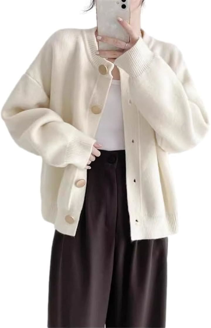 ジェイスコット ニットカーディガン レディース ゴールドボタン ラウンドネック フロントボタン 長袖 羽織 着回し(アイボリー, M)