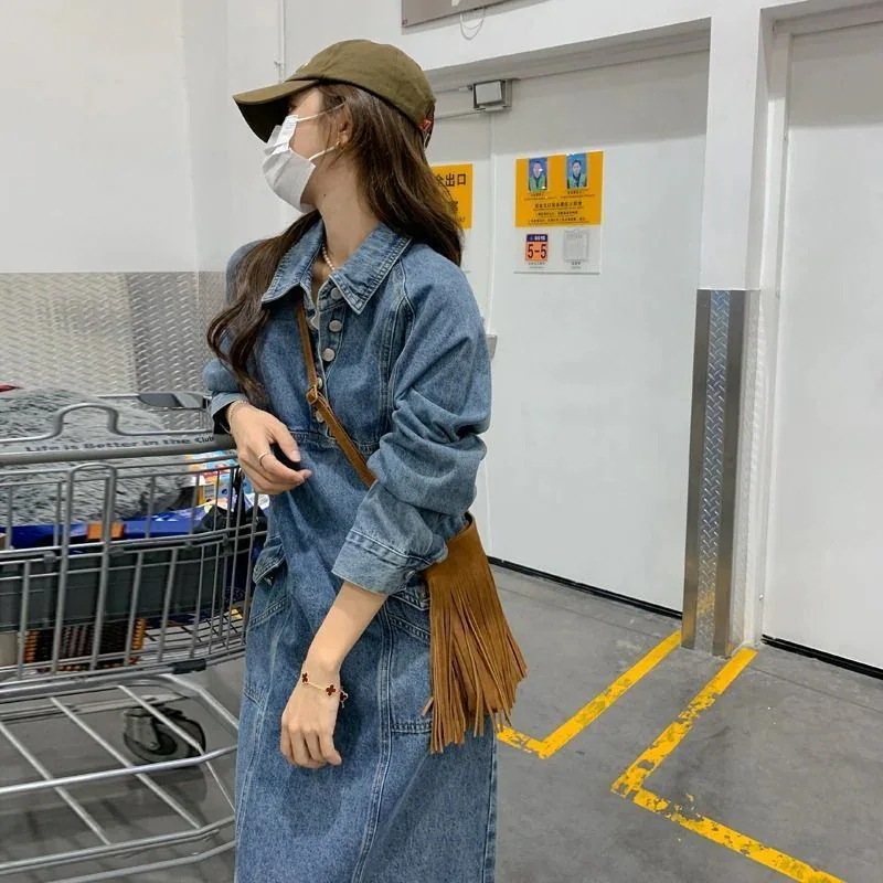 ワンピース パーティードレスレトロ 長袖 高級感 カジュアル 百掛け ブルー 着痩せ シャツワンピース ワンピース 体型カバー おしゃれ スリット 秋冬 セミロング デニム