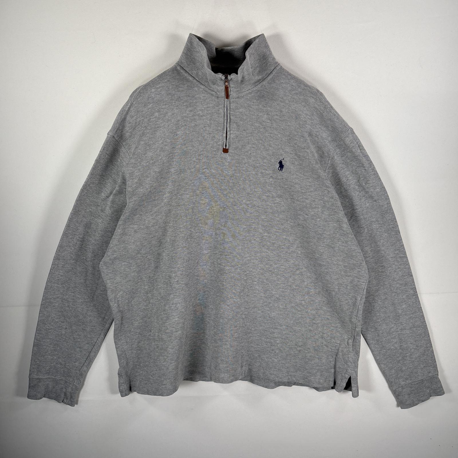 古着 コットンニット ワンポイント刺繍ロゴ ハーフジップ 厚手 XL グレー メンズ