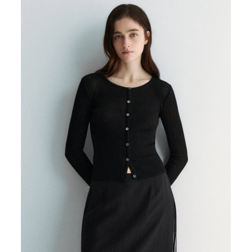 SUAREウィメンズリネンリブカーディガンブラックモデル