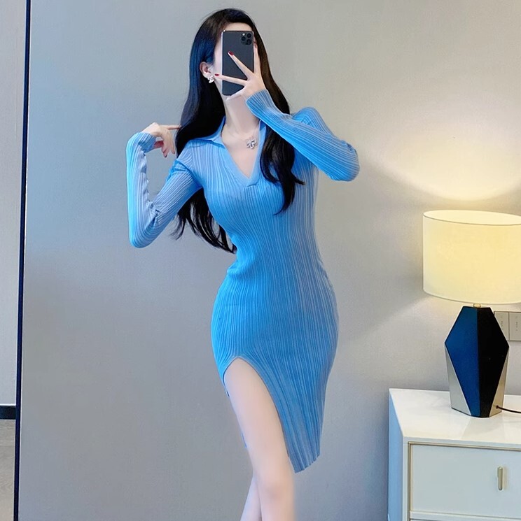 ワンピース ワンピドレス ひざ丈 長袖 ポロカラー サイドスリット かわいい 大人可愛い きれいめ カジュアル 大人 上品 おしゃれ お洒落 かっこいい 大人女子 ラブリー キュート ガーリー 個性的