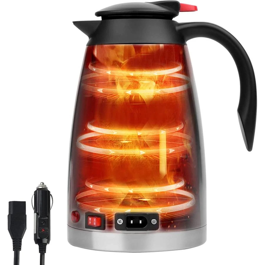 車用電気ポット DC12V-24V兼用 循環加熱 車載 電気ケトル カーポット 大容量1200ml 車用湯沸かし器 カーヒーター 食品グレード304ステンレス 旅行/キャンプ