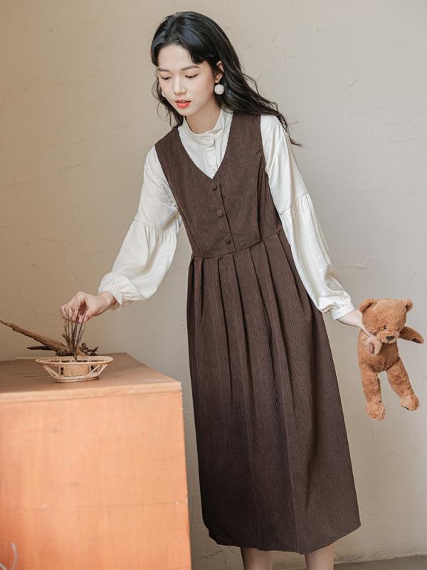 ジャンパースカート 大人 レディース 春秋 ミモレ丈 Vネック ノースリーブ ワンピース ボタン ウエストリボン Aライン 体型カバー ソフト 通気 レトロ カジュアル かわいい 茶色