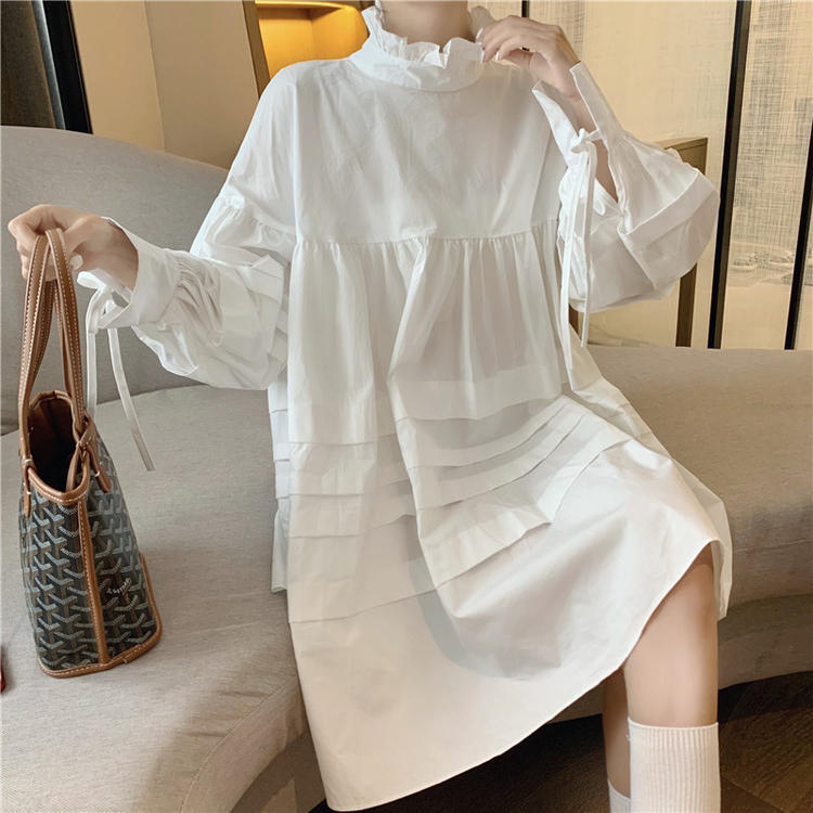 ワンピース シャツワンピース ティアードワンピース ショート ショート丈 袖あり 長袖 ボリューム袖 ハイネック ワイド フリル リボン ふわふわ かわいい 大人可愛い 大人女子 ラブリー 5,724円