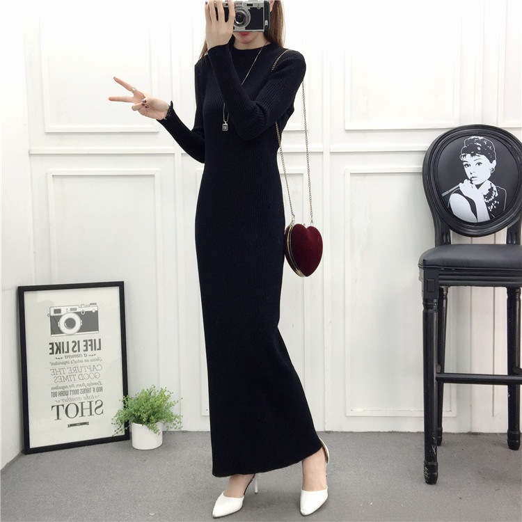 秋冬ニットワンピーススリムで薄いと足首までの長さのスカート女性黒膝底パッケージヒップスーパーロングセータースカート
