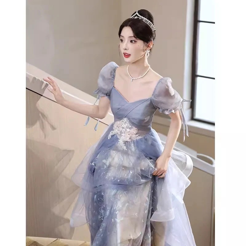 ブルータキシードバブル袖結婚式ドレスロング個性的パーティードレスお呼ばれAラインレースレディースワンピース大人結婚式披露宴演奏会ホストパーティー卒業パーティー