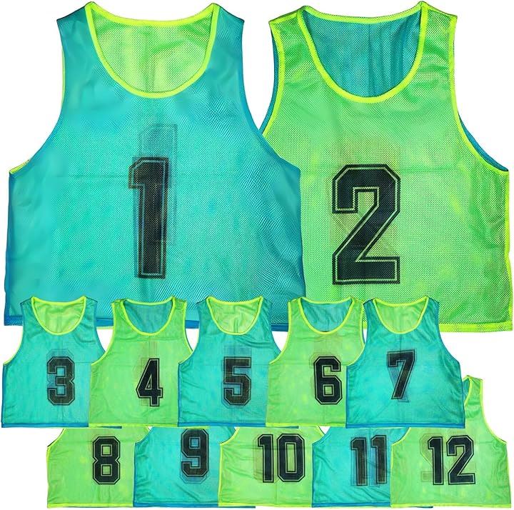 リバーシブルビブス 12枚セット サッカー バスケ フットサル 両面ナンバー付き( ブルー/イエローグリーン, Free Size)