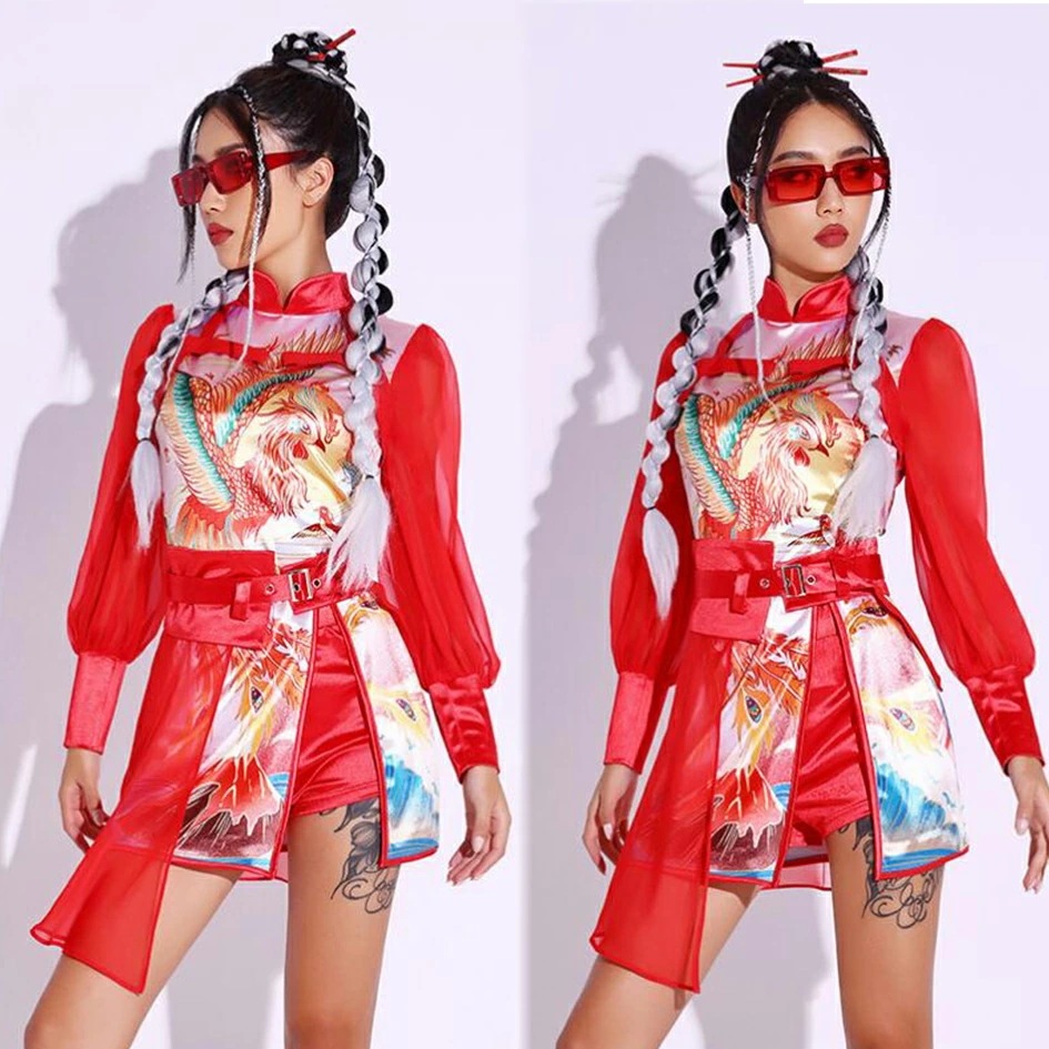 長袖 ダンスセット クラブ キャバドレス チャイナドレス jazz ダンス発表会 龍柄 ステージ舞台演出服 立ち襟 ミニ丈パンツ イベント プリント柄 チアガール チャイナ娘 ジャズダンス衣装 練習着
