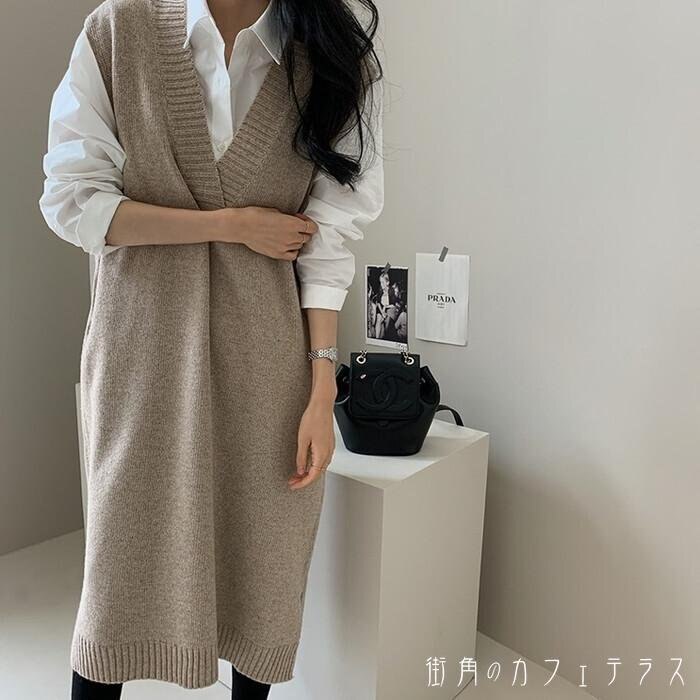 ワンピース ニットワンピ ノースリーブ ニットベスト ベスト Vネック 深Vネック iライン 膝丈 ひざ丈 膝下 ひざ下 ミモレ丈 無地 シンプル 定番 ゆったり 体型カバー 着痩せ