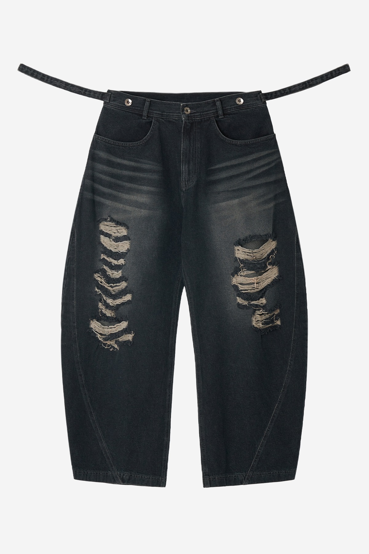 【BLR】 ADJUSTABLE WAIST DESTROYED DENIM PANTS : DARK BLUE