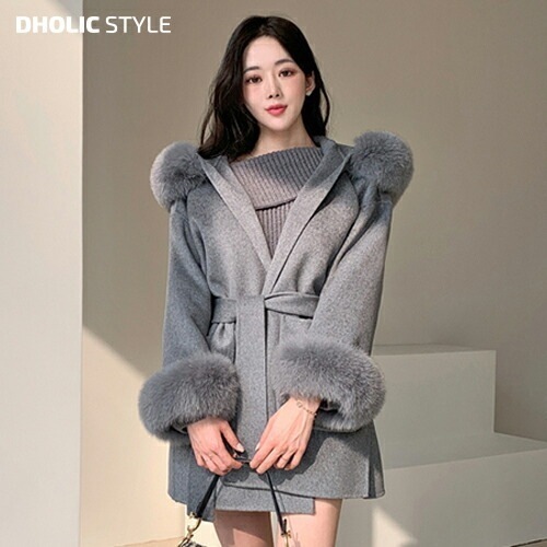 [メガ割りSALE]ファー&フード&ストラップ付ウールコート・p459124