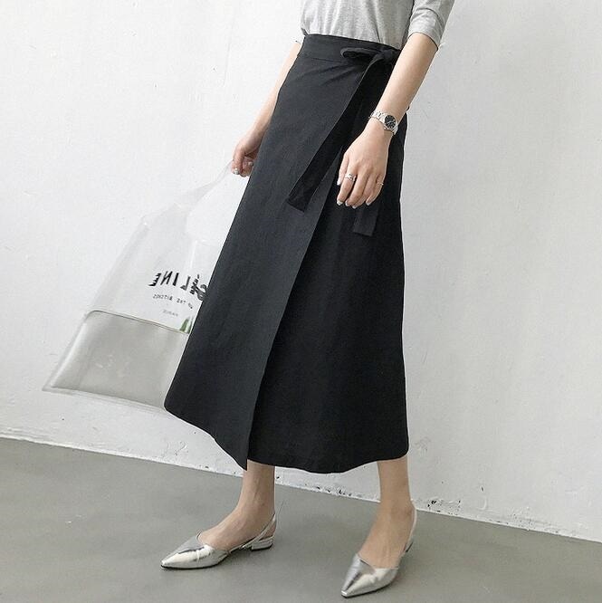 3201.ロング丈 カジュアルなラップスカート（ブラック）2019 春夏 sale 無地 シンプル 普段使い お出かけ